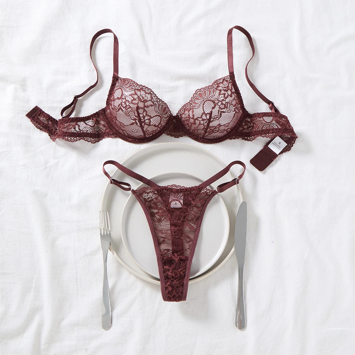 Women's Brown Lace Deep-V Bra & G-String Set