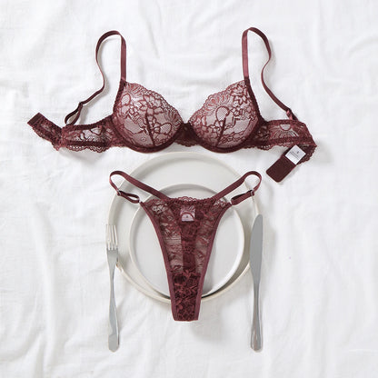 Women's Brown Lace Deep-V Bra & G-String Set