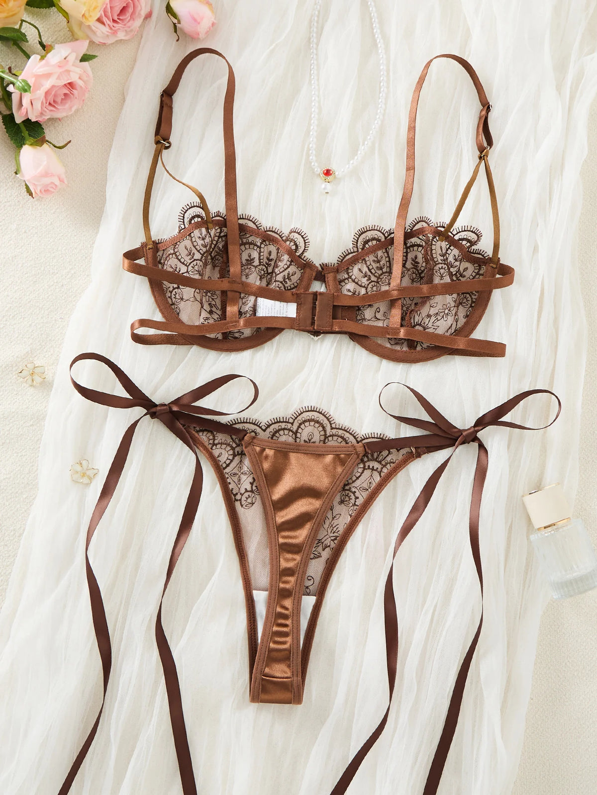 Coffee Floral Lace Bra & Thong Set