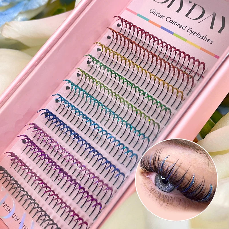 DIYDAY Mixed Glitter Colored Eyelashes Individual Premade Russian Volume Fans Glitter Lashes Extension Wholesale for Makeup