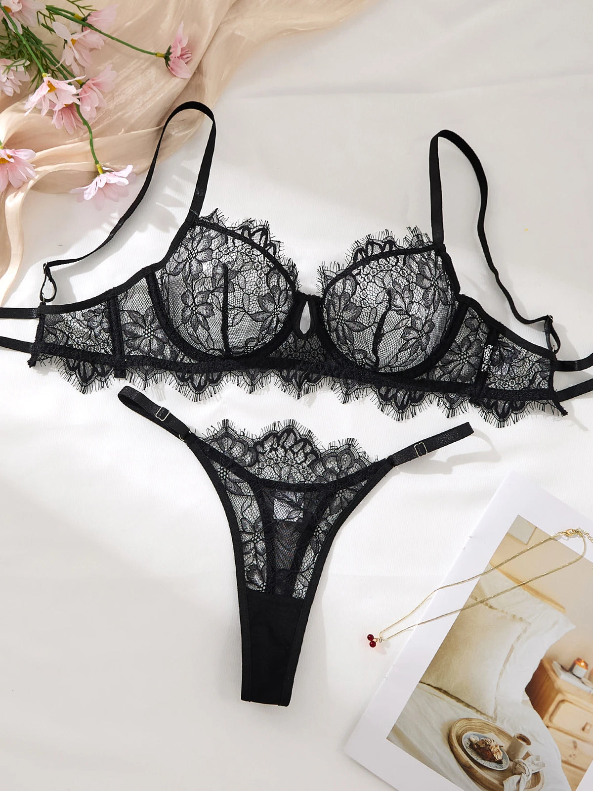 Women's Black Floral Lace Bra & Brief Set