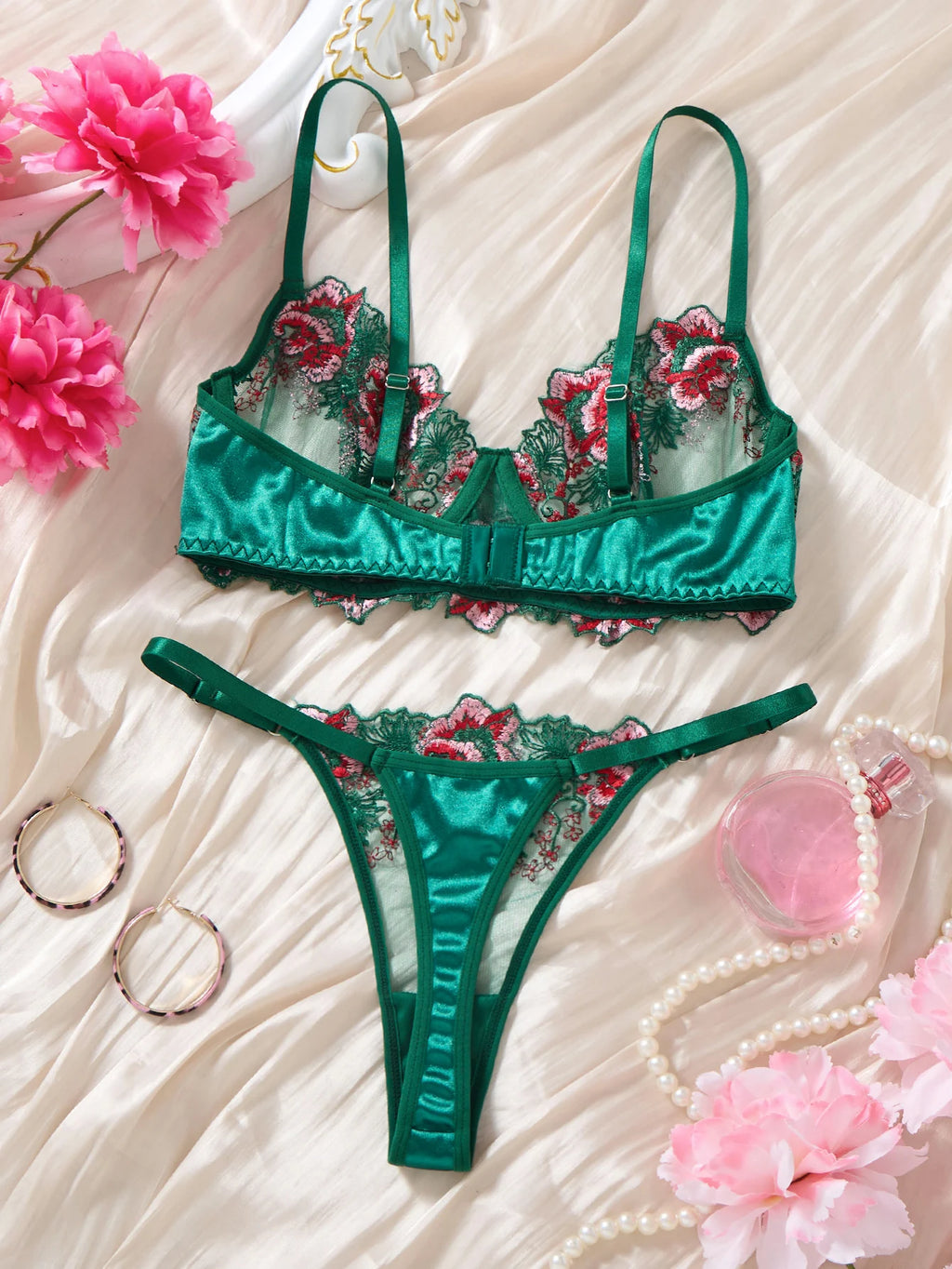 Green Floral Embroidered Satin Bra & Thong Set