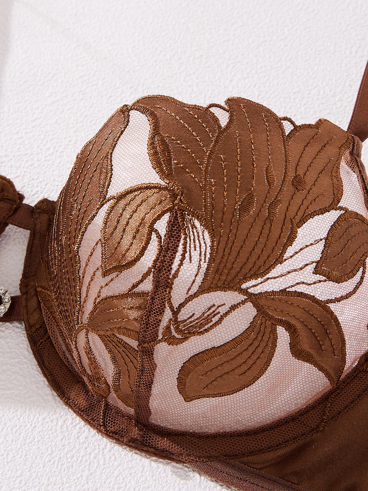 Coffee Floral Embroidered Bra & Thong Set