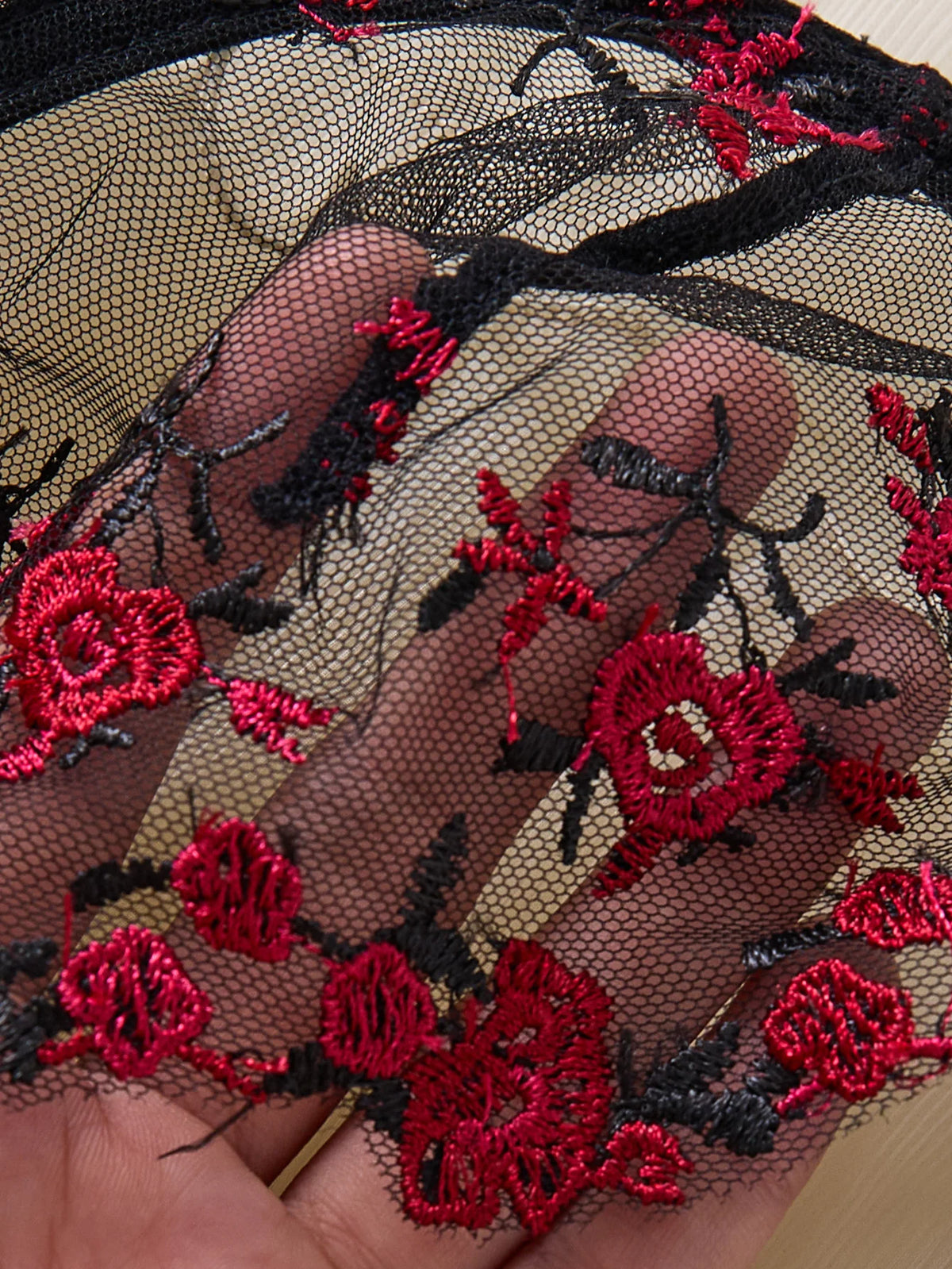 Black & Red Floral Embroidered Bra & Thong Set