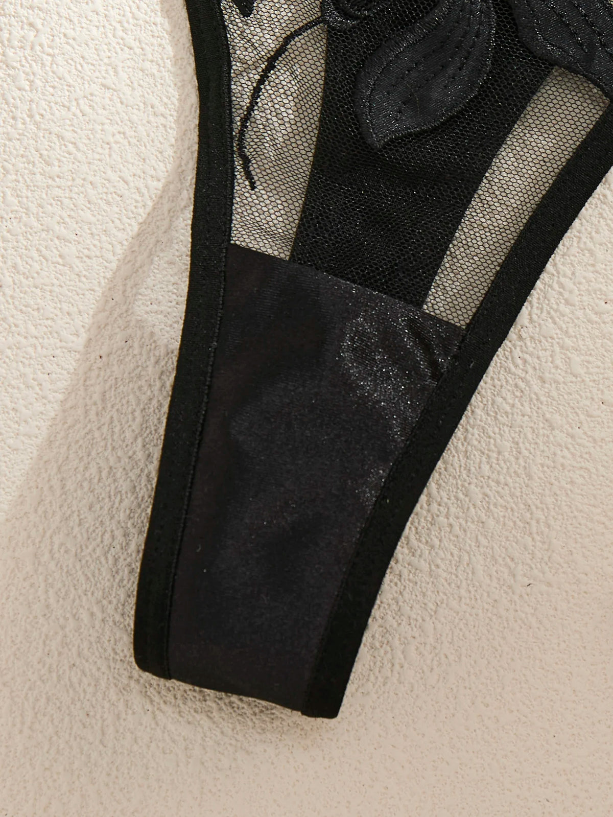 Black Floral Embroidered Satin Bra & Thong Set