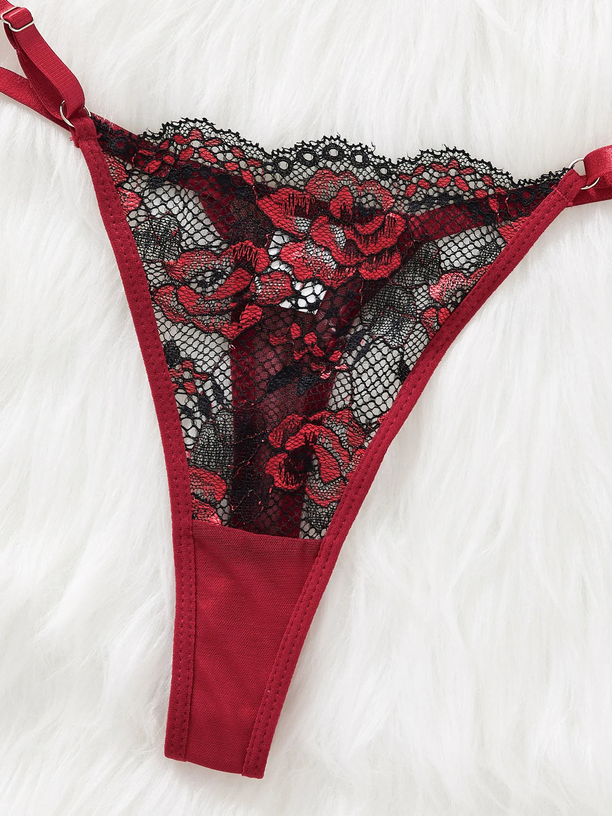 Wine Red Rose Embroidered Lace Nightgown Set