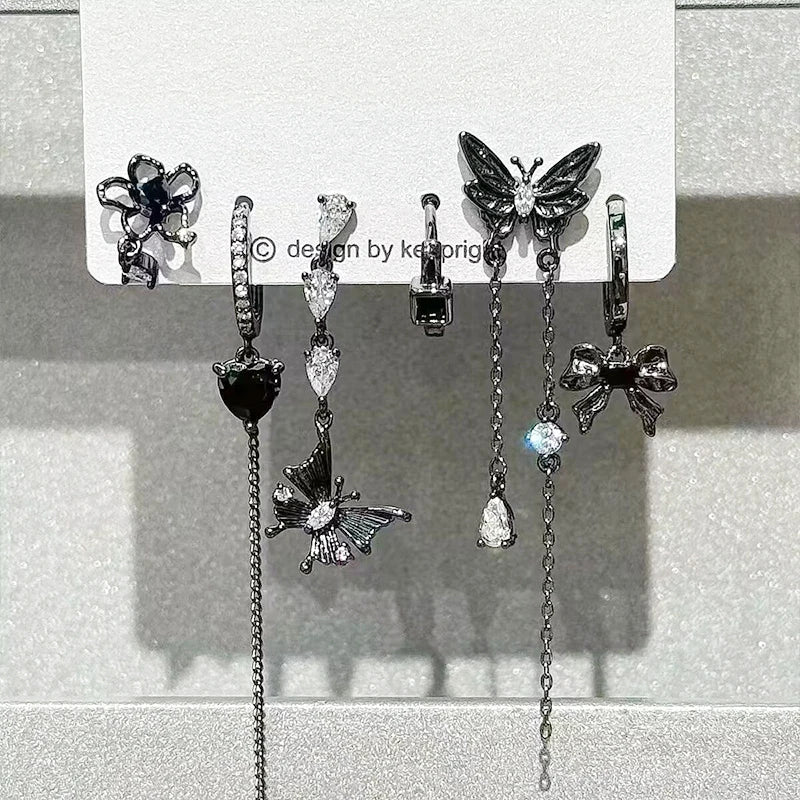6Pcs Y2K Dark Red Zircon Star Moon Earring Set Gothic Black Butterfly Bow Tassel Earrings Set Kpop Heart Cross Star Earring Sets