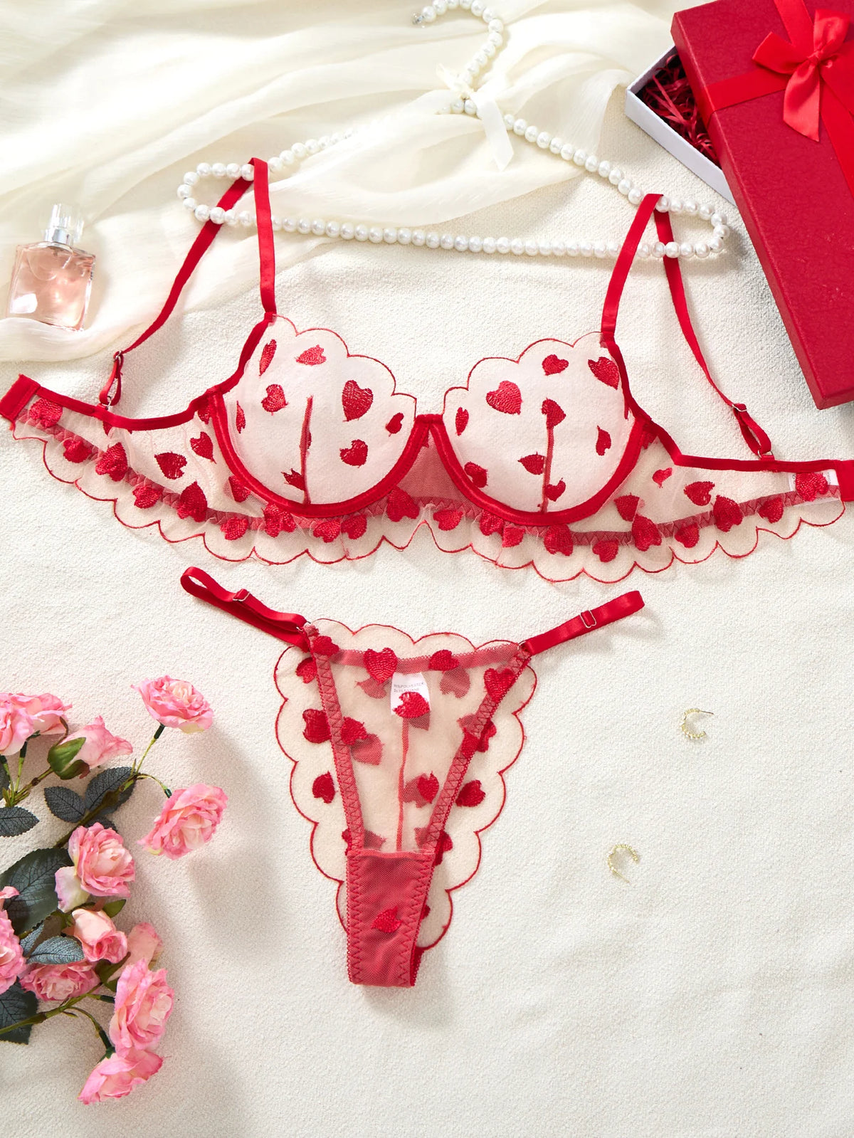 Red Heart Embroidered Lace Underwear