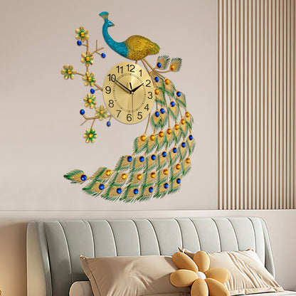 75x65cm Wall Clock, Home Decorative Clock, Peacock Design Iron Acrylic Aluminum Durable Elegant Symbol for Living Room Bedroom Kitchen Entryway