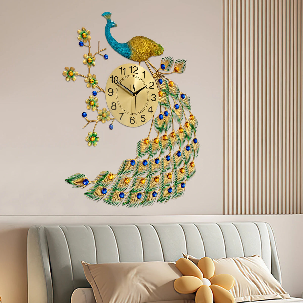 75x65cm Wall Clock, Home Decorative Clock, Peacock Design Iron Acrylic Aluminum Durable Elegant Symbol for Living Room Bedroom Kitchen Entryway
