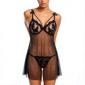 Black Floral Embroidered Nightgown Set