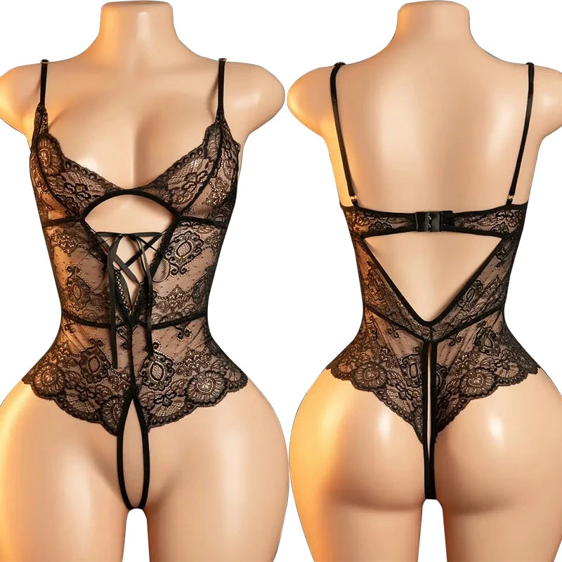 Porno Underwear For Women Lace Transparent Bra Set Erotic Costumes Deep V Neck Bra Open Crotch Babydoll Dress Sexy Lingerie Set