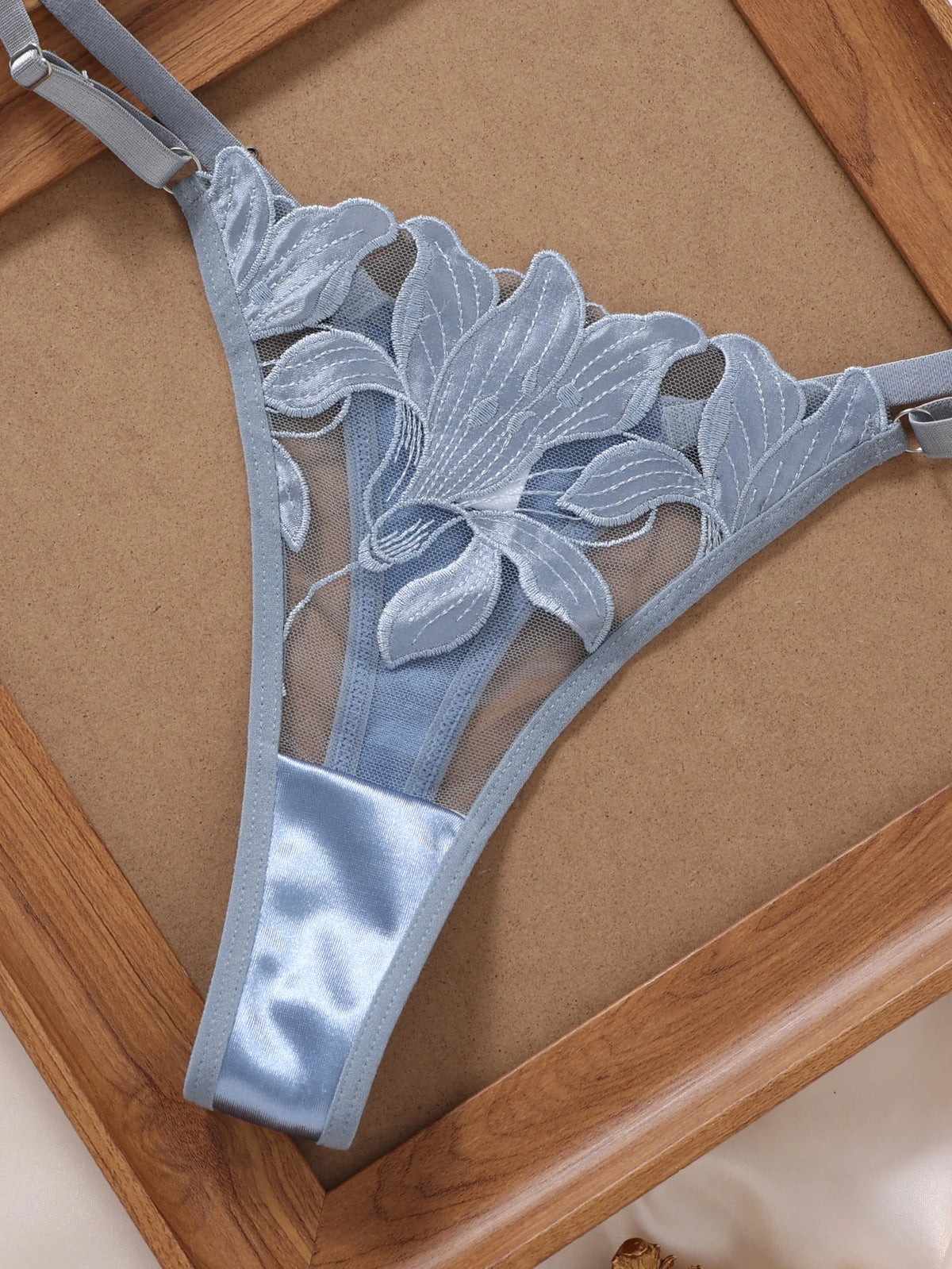 Women's Light Blue Leaf Embroidered Bra & Brief Set