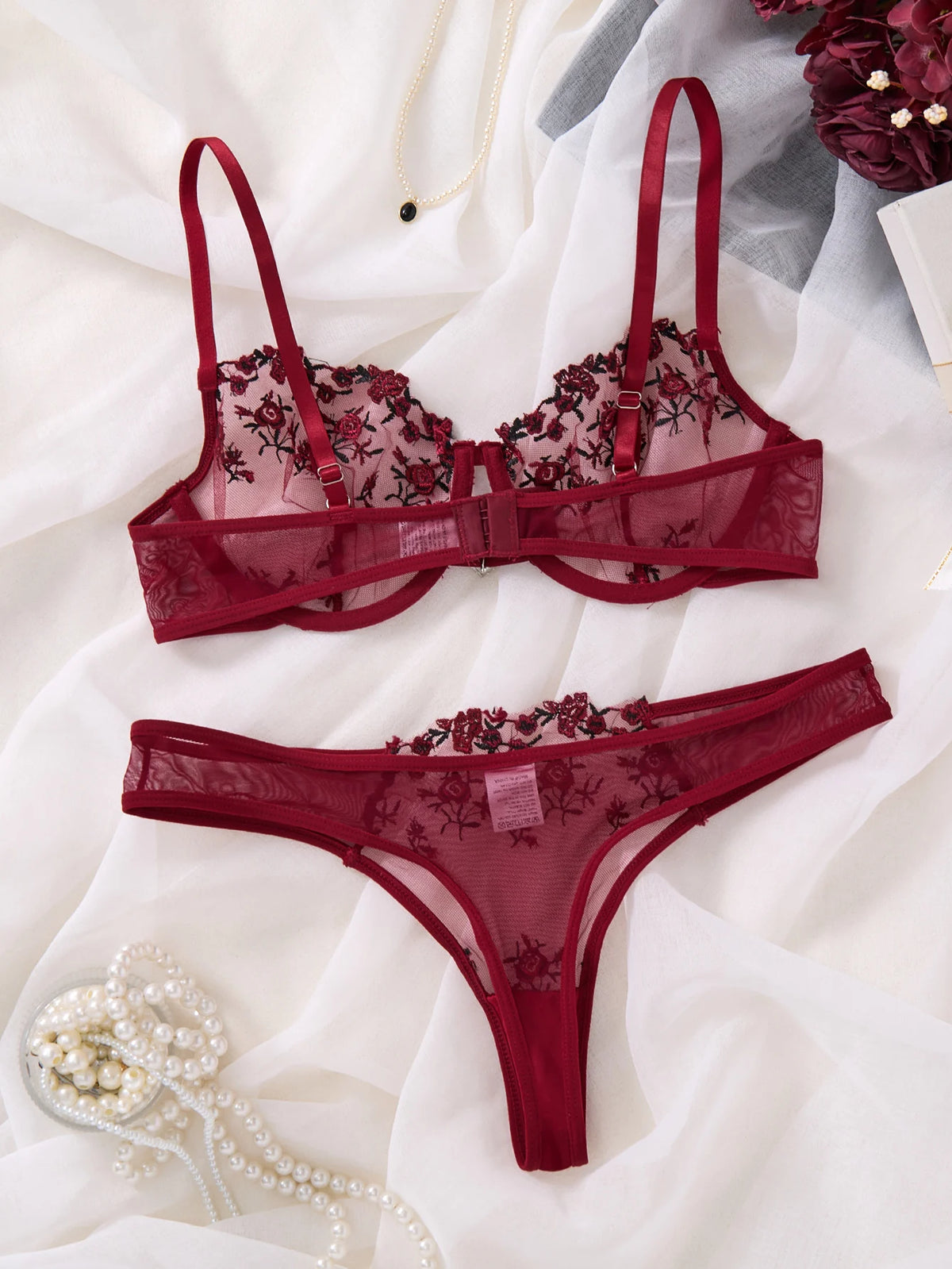 Wine Red Floral Embroidered Bra & Thong Set