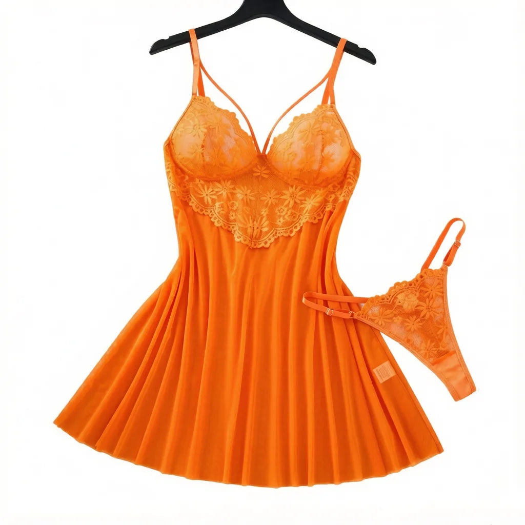 Orange Daisy Lace Mesh Nightgown Set