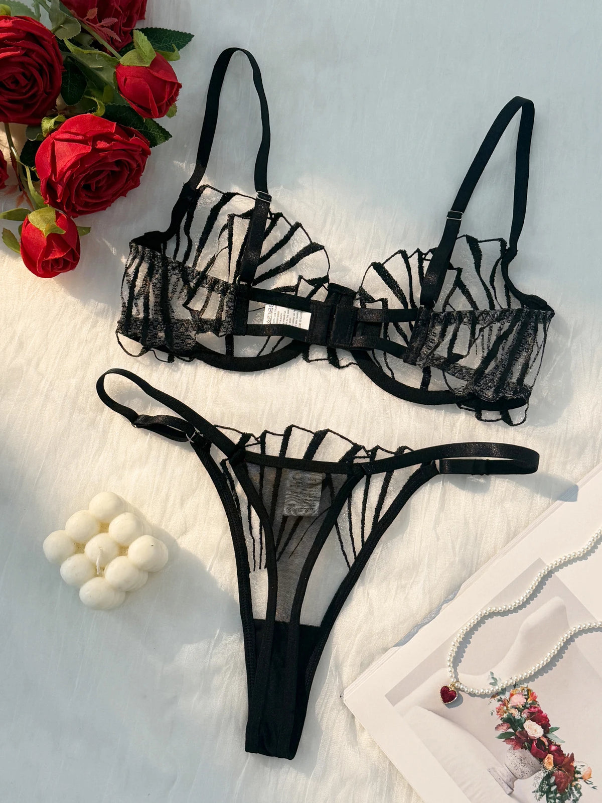 Black Scallop Embroidered Underwire Bra & Thong Set