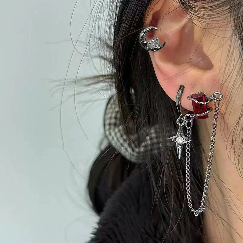 6Pcs Y2K Dark Red Zircon Star Moon Earring Set Gothic Black Butterfly Bow Tassel Earrings Set Kpop Heart Cross Star Earring Sets
