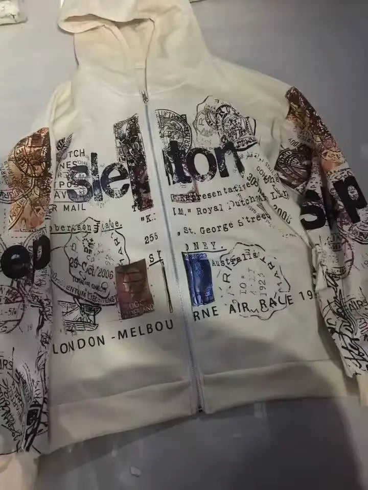Retro Y2K Graphic Zip-Up Hoodie