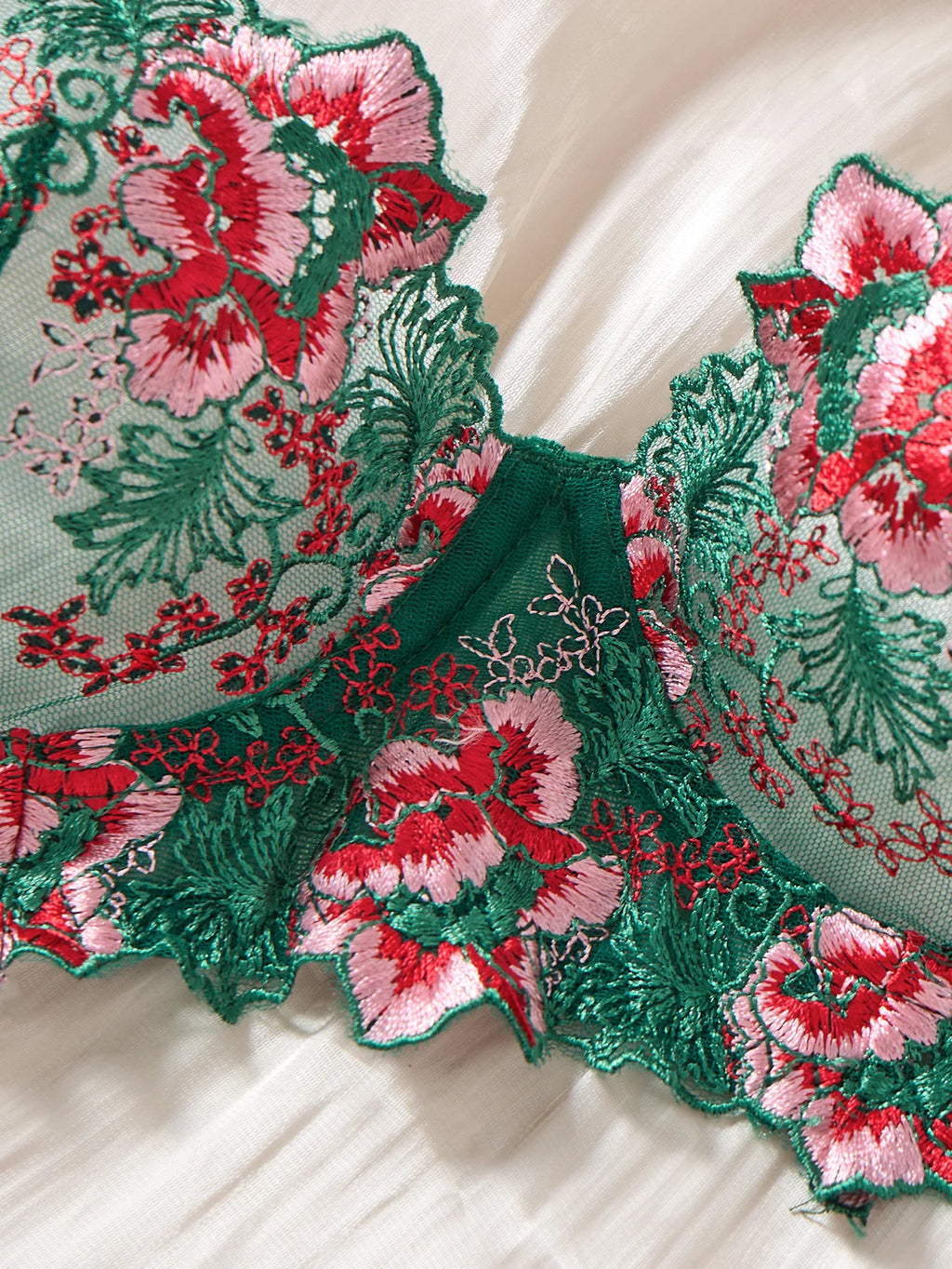 Green Floral Embroidered Satin Bra & Thong Set