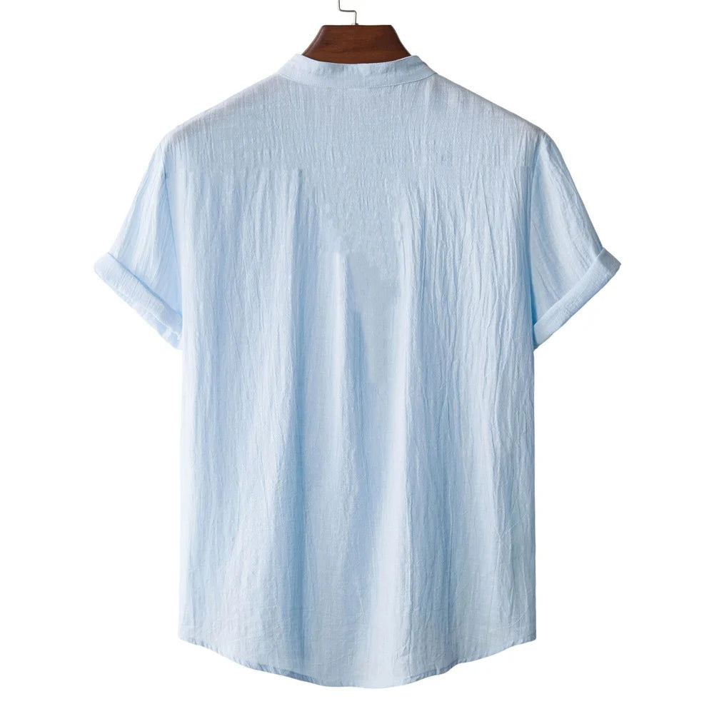 Men's Summer Cotton Linen T-shirt Beach Style Short SLeeve Henley Neck Vacation Hawaii Casual Lightweight Breathable Cozy Tops