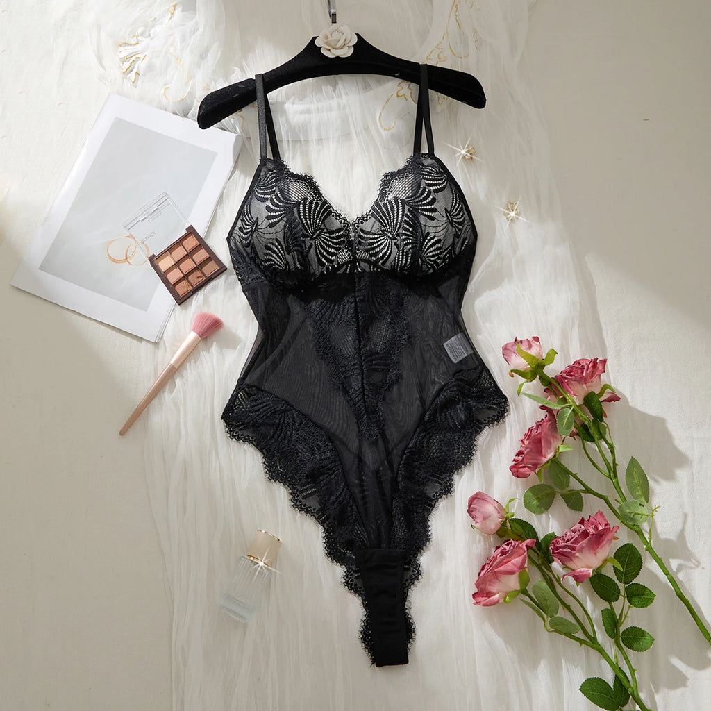 Black Floral Lace Mesh Bodysuit