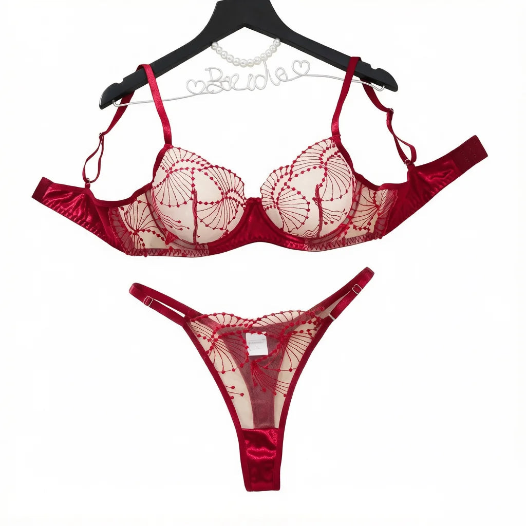 Wine Red Floral Embroidered Bra & Thong Set
