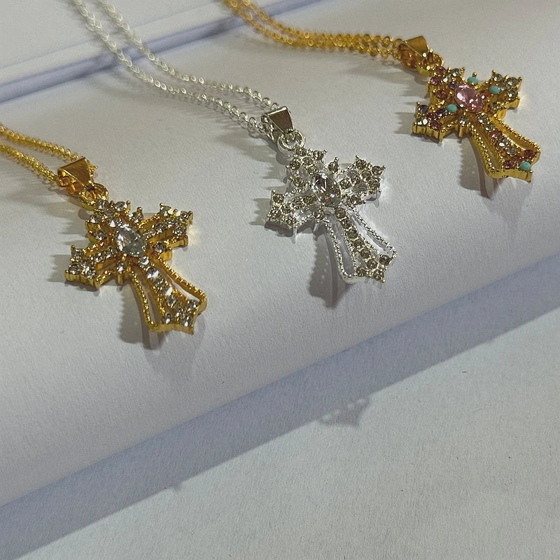 Gothic Pink Cross Necklace Y2K Purple Zircon Punk Pendant Necklace Grunge Heart Cross Necklace for Women Jewelry Accessories