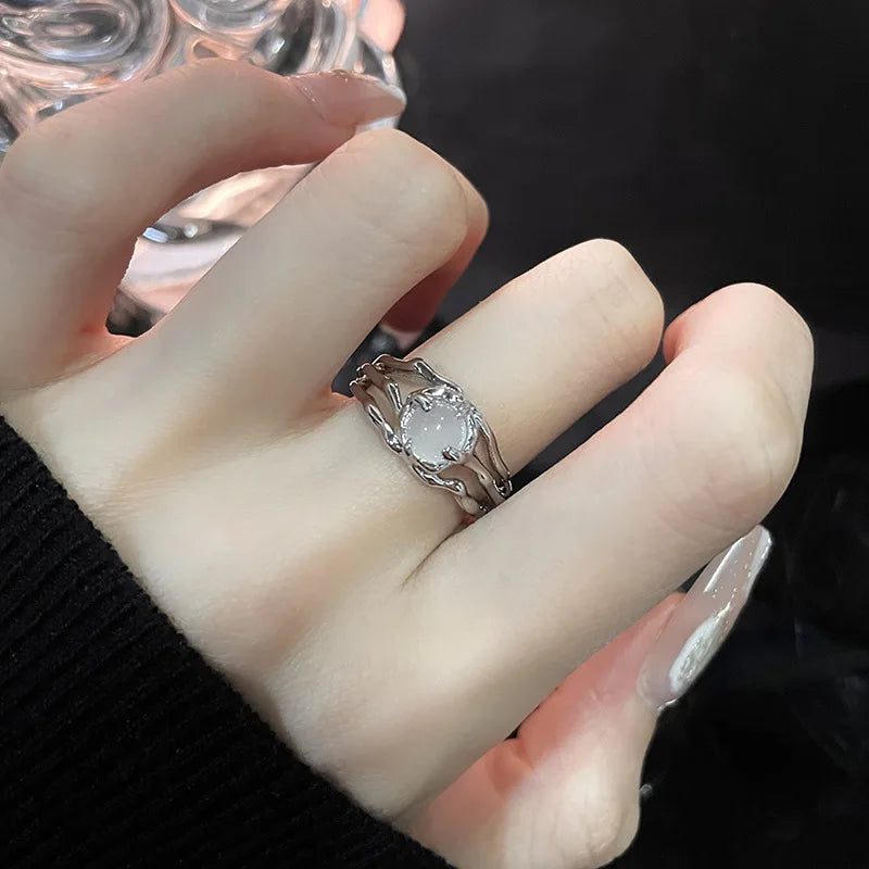 Irregular Cross Star Opal Rings Y2K Natural Stone Star Ring for Women Men Couple Rings Moonstone Zircon Ring Unisex Jewelry 2024