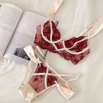 Women's Embroidered Lace Support Bra Set