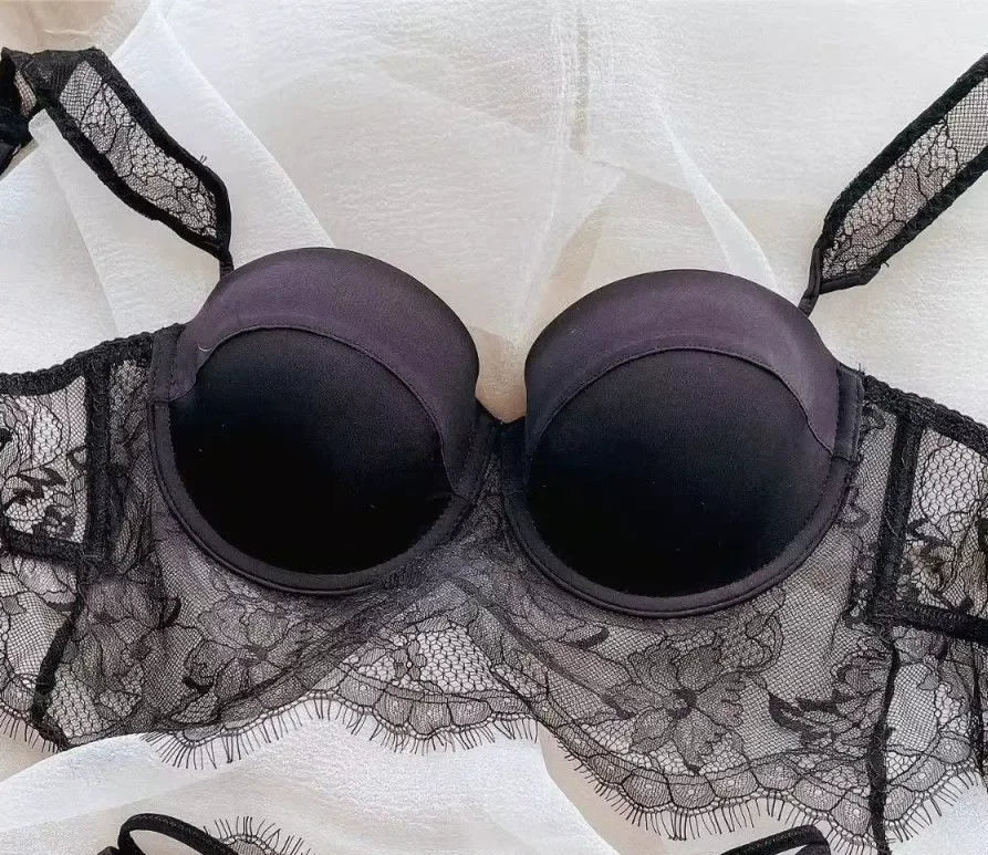 Sexy Lace Underwear Female Poly Poly Thin Soft Steel Ring up Support Anti-Sagging Collect Vice Breasts Solid Color Back Bra Set