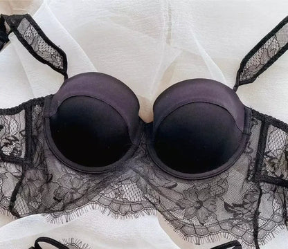 Sexy Lace Underwear Female Poly Poly Thin Soft Steel Ring up Support Anti-Sagging Collect Vice Breasts Solid Color Back Bra Set