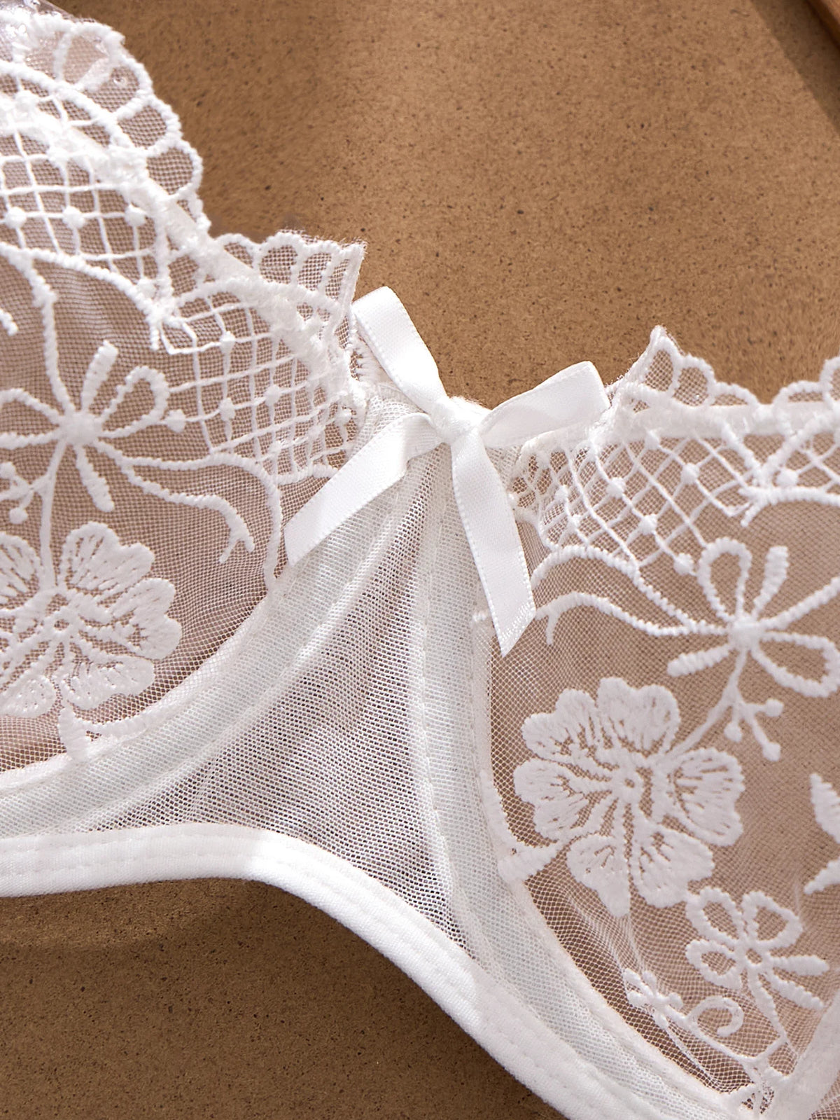 Women's Sheer Floral Embroidered Lingerie Set