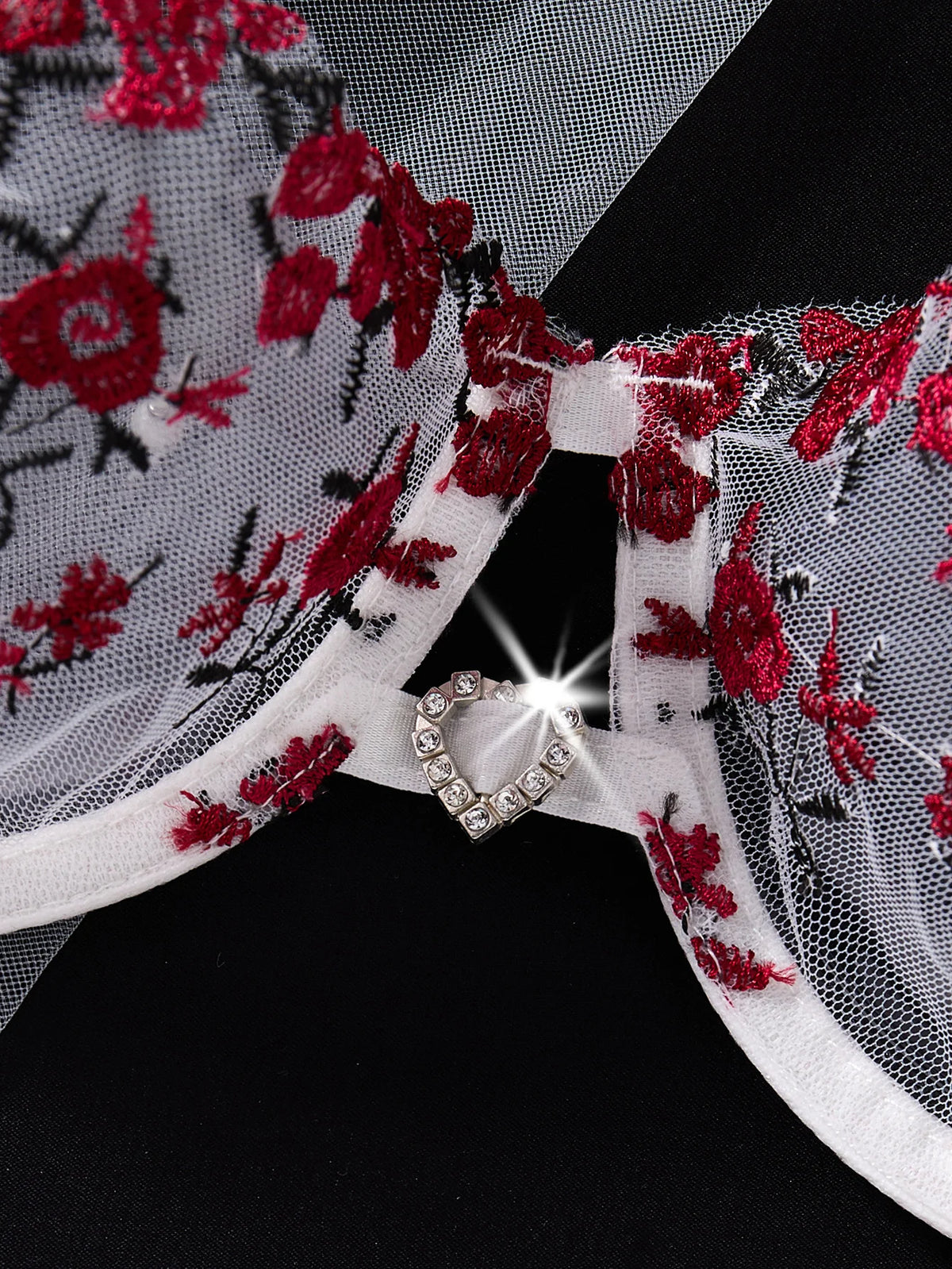 White & Red Rose Embroidered Bra & Thong Set