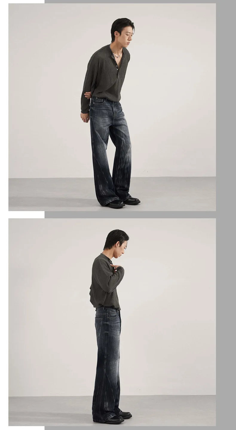 IEFB Men's American Style Denim Pants Washing Tie Dying Contrast Color Casual Wide Leg Flared Trousers Autumn Male Jeans 9W4182