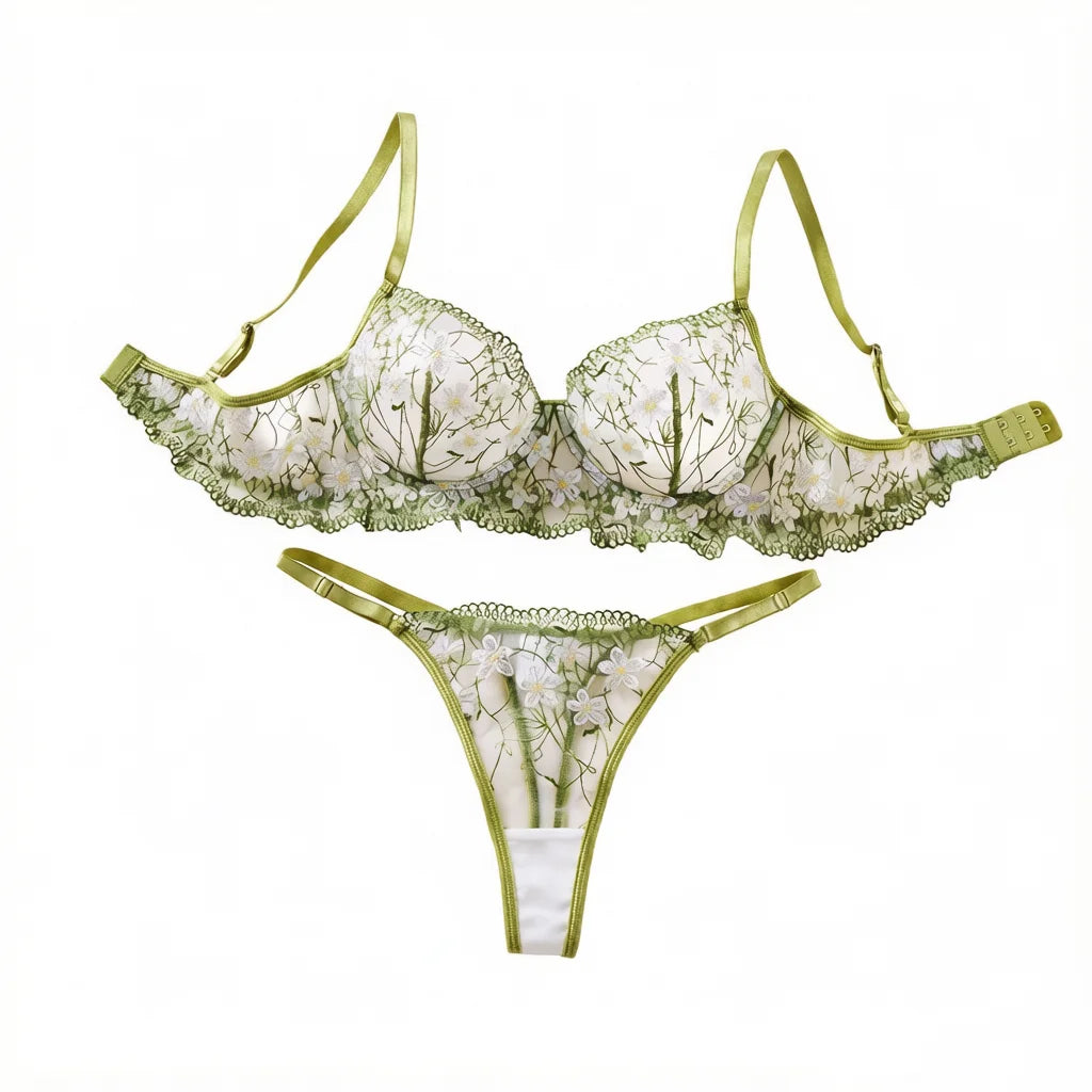 Green Daisy Floral Embroidered Bra & Thong Set