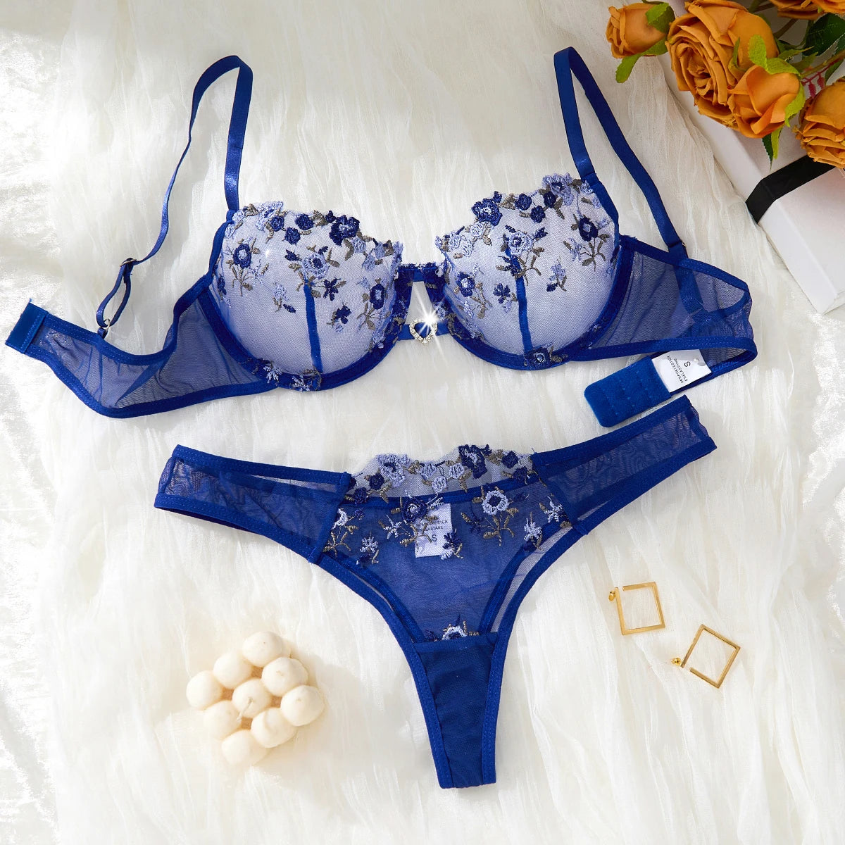 Blue Floral Embroidered Underwire Bra & Thong Set