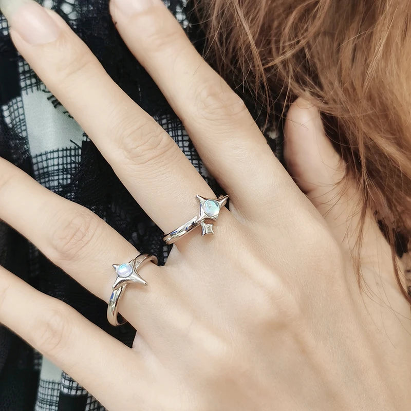 Irregular Cross Star Opal Rings Y2K Natural Stone Star Ring for Women Men Couple Rings Moonstone Zircon Ring Unisex Jewelry 2024