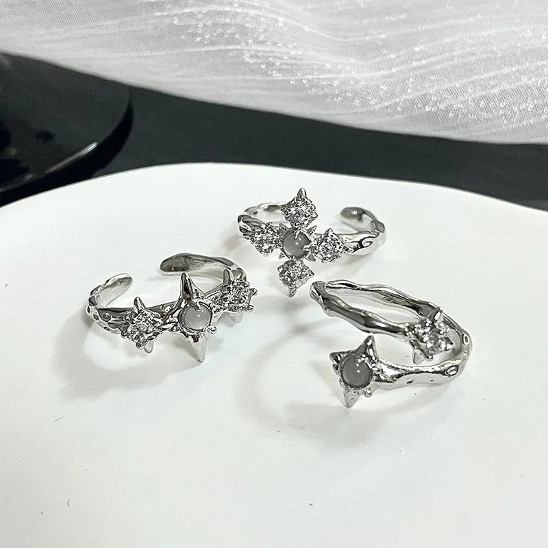 Irregular Cross Star Opal Rings Y2K Natural Stone Star Ring for Women Men Couple Rings Moonstone Zircon Ring Unisex Jewelry 2024