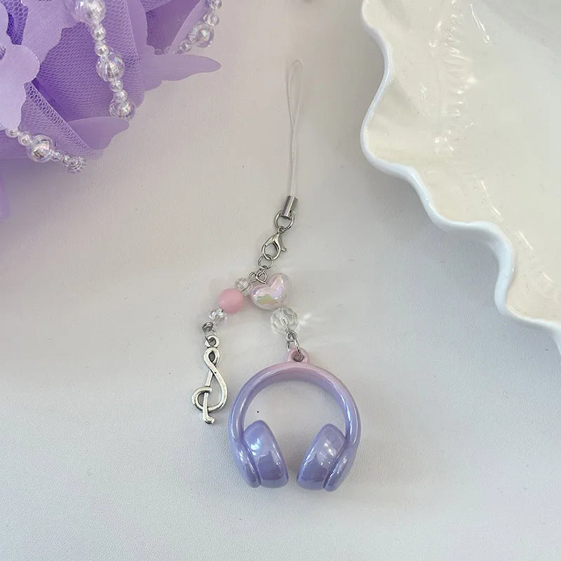 Y2K Pink Purple Gradient Color Music Earphone Beaded Keychain Creative Mini Headset Pendant Keyring Paired Lanyard Key Chain