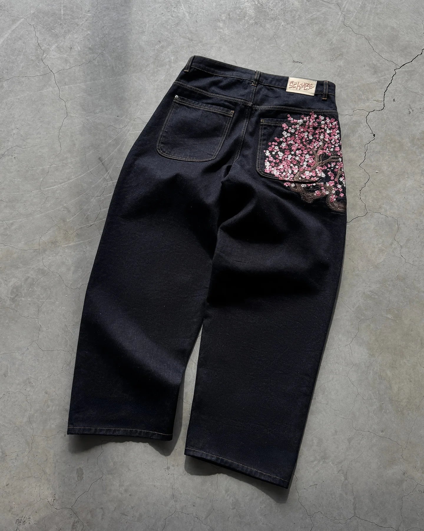 Cherry Blossom Selvedge Embroidery Denim Pants Y2k Retro Men Casual Baggy Straight Wide Leg Jeans High Quality Hiphop Streetwear