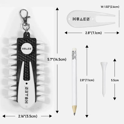 Golf Tees Rack with 12pcs Tees Green Fork and Pencil Portable Golf Accessory Storage Device TC001
