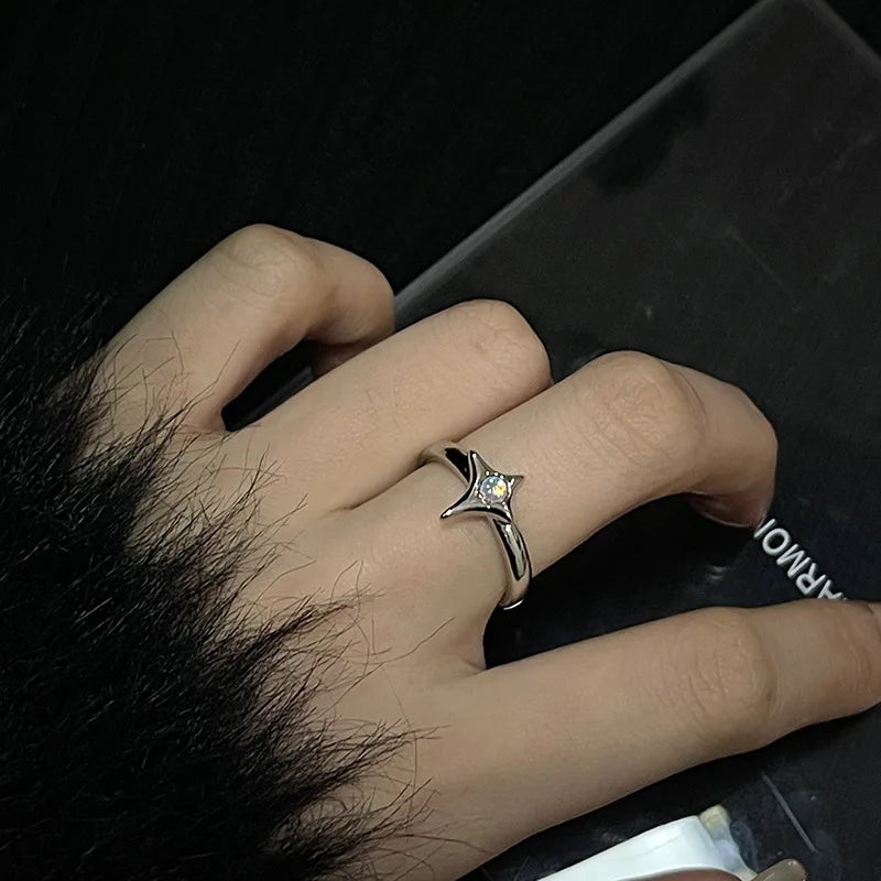Irregular Cross Star Opal Rings Y2K Natural Stone Star Ring for Women Men Couple Rings Moonstone Zircon Ring Unisex Jewelry 2024