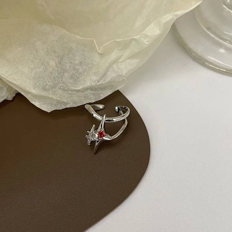 Irregular Cross Star Opal Rings Y2K Natural Stone Star Ring for Women Men Couple Rings Moonstone Zircon Ring Unisex Jewelry 2024