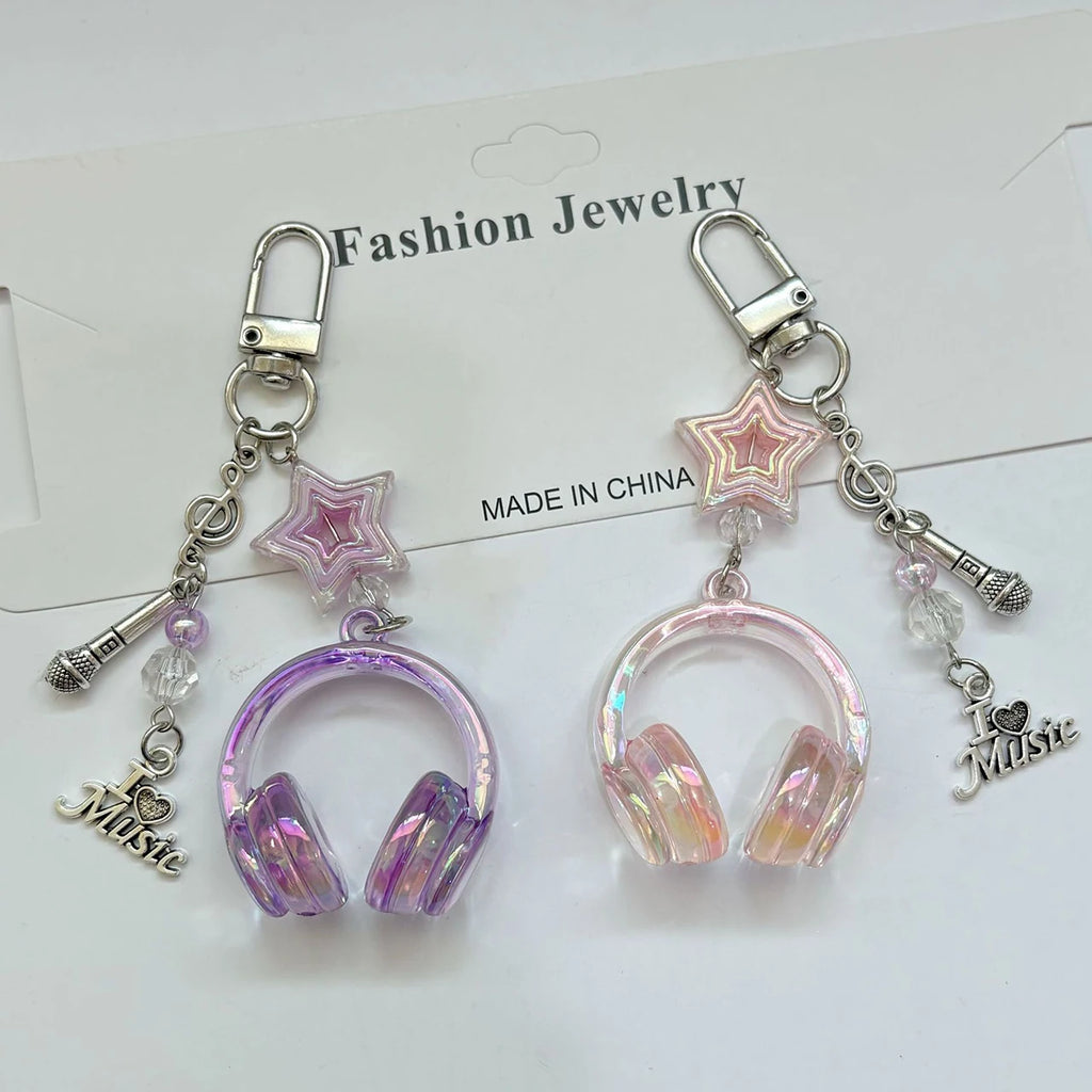 Y2K Pink Purple Gradient Color Music Earphone Beaded Keychain Creative Mini Headset Pendant Keyring Paired Lanyard Key Chain