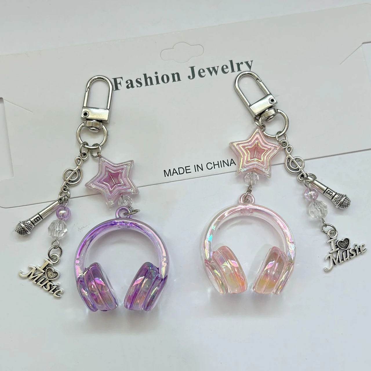Y2K Pink Purple Gradient Color Music Earphone Beaded Keychain Creative Mini Headset Pendant Keyring Paired Lanyard Key Chain