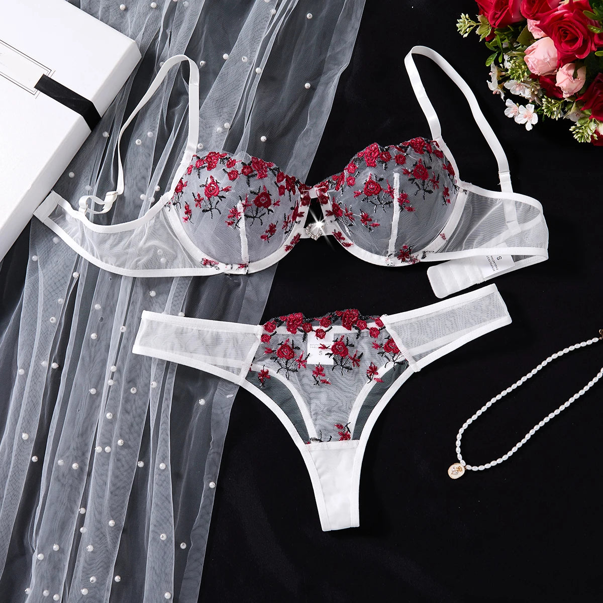 White & Red Rose Embroidered Bra & Thong Set