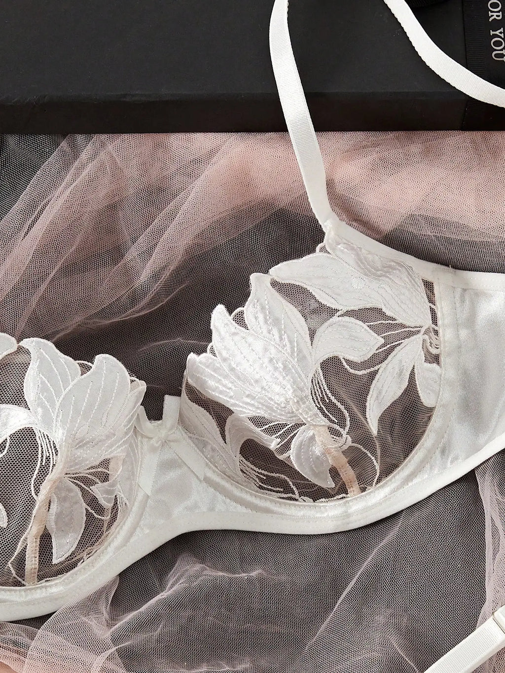 Multi-Color Floral Embroidered Bra & Brief Set