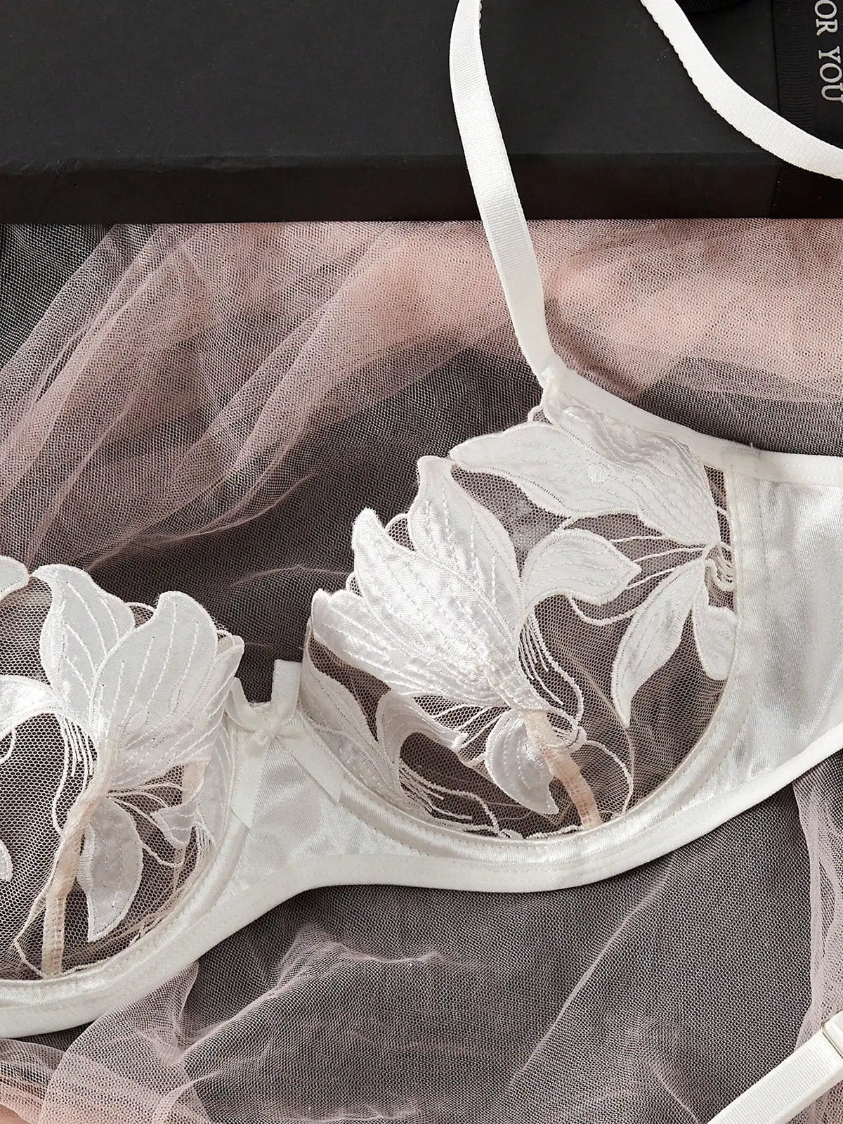 Multi-Color Floral Embroidered Bra & Brief Set