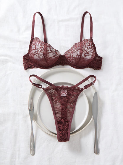 Women's Brown Lace Deep-V Bra & G-String Set