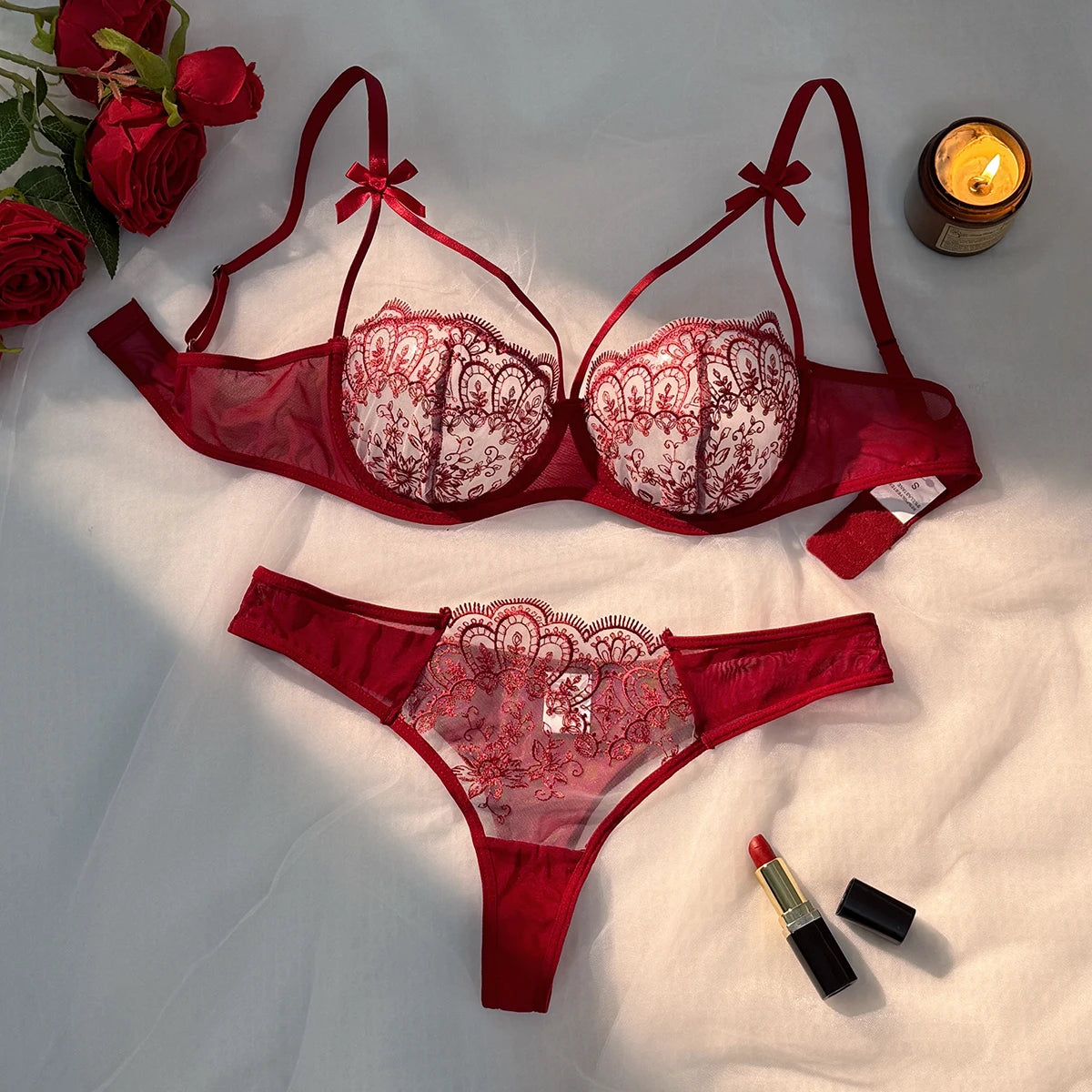 Red Floral Lace Bra & Thong Set